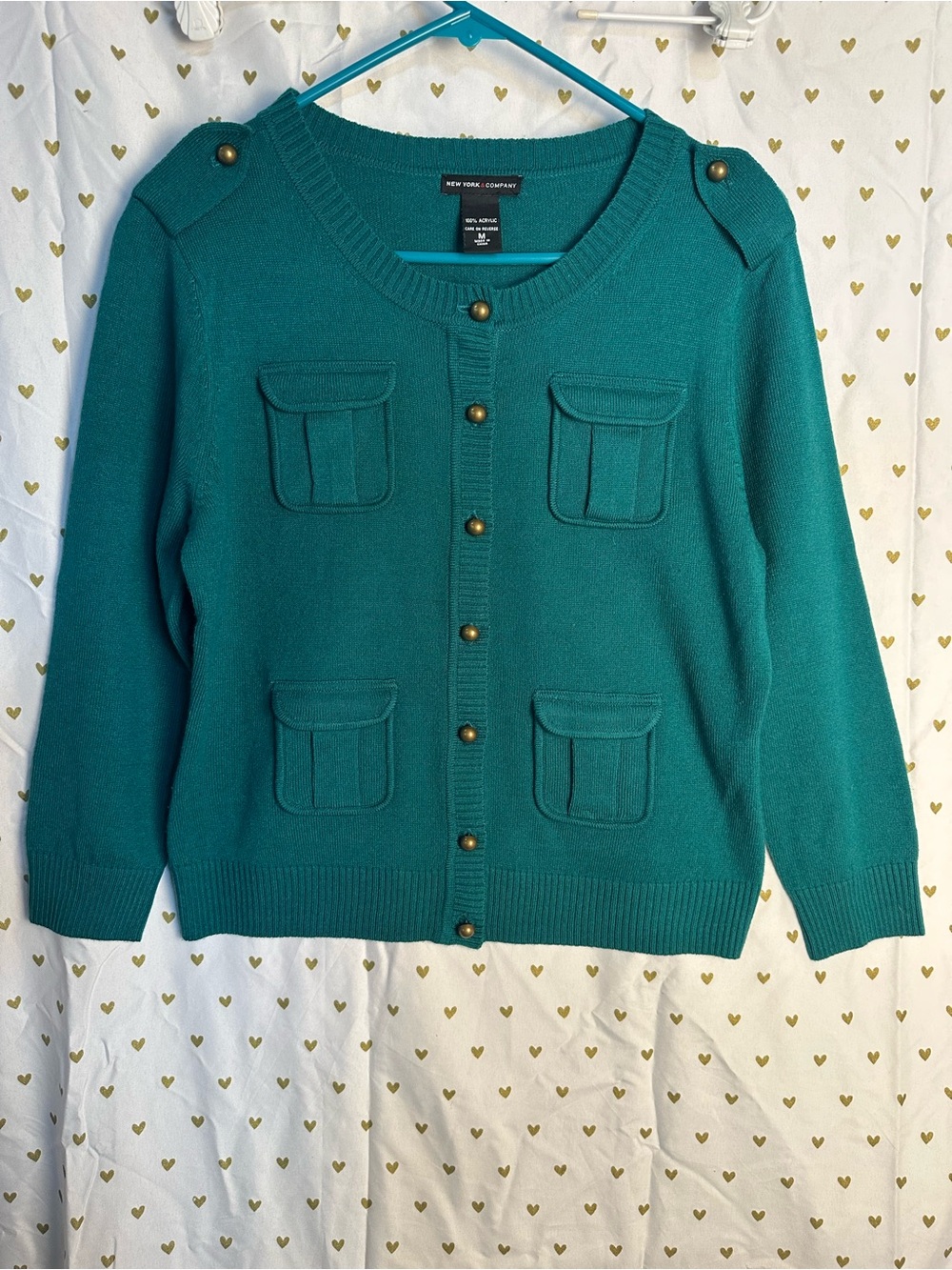 New York & Company Teal Button-Front Pocket Sweater size medium